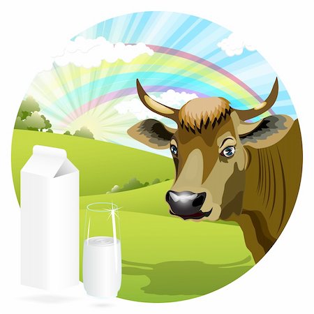 illustration, package milk, glass and cow on background of the landscape  EPS 10 with transparency Stock Photo - Budget Royalty-Free & Subscription, Code: 400-06098251