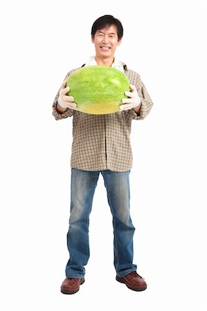 happy asian farmer holding watermelon full length isolated on white Stock Photo - Budget Royalty-Free & Subscription, Code: 400-06091151