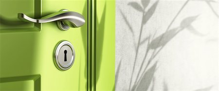 eco house - home entrance, close up of a handle and keyhole, green door and a wall, shadow of leaves Stock Photo - Budget Royalty-Free & Subscription, Code: 400-06091906