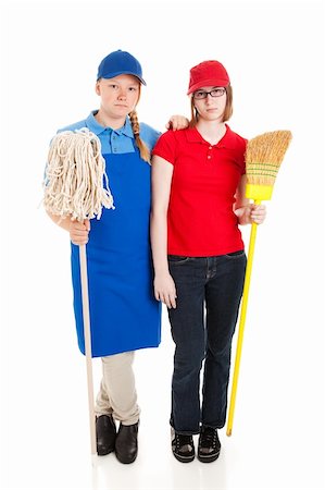 female janitor - Two teenage girls or young adults working manual labor jobs and not happy about it.  Full body isolated on white. Stock Photo - Budget Royalty-Free & Subscription, Code: 400-06093641