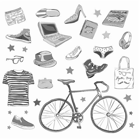 urban hipster accesories, smart grey scale doodles isolated on white Stock Photo - Budget Royalty-Free & Subscription, Code: 400-06104437