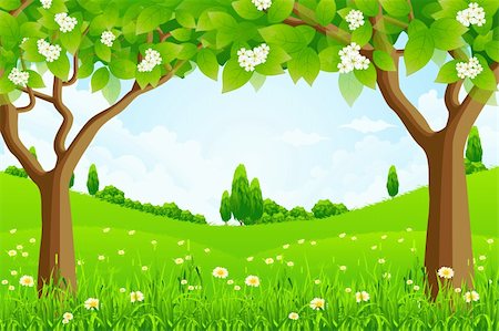 Green Background with Trees Flowers and Hills Stock Photo - Budget Royalty-Free & Subscription, Code: 400-06105323