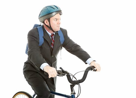 Businessman riding his bicycle to work, wearing a helmet and a backpack.  Isolated on white. Stock Photo - Budget Royalty-Free & Subscription, Code: 400-06108295