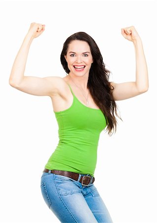 A happy beautiful fit woman felxing her muscles and smiling. Isolated over white. Stock Photo - Budget Royalty-Free & Subscription, Code: 400-06108671