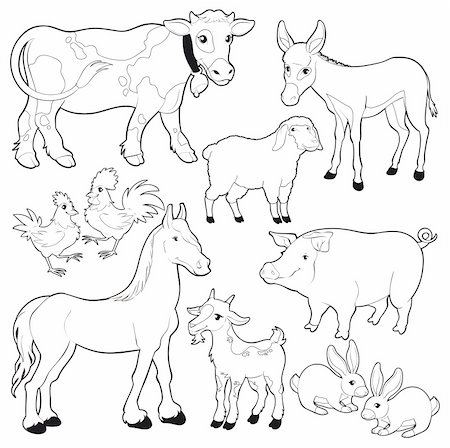 Farm animals. Vector and cartoon isolated black/white characters. Stock Photo - Budget Royalty-Free & Subscription, Code: 400-06102392