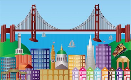 San Francisco California City Skyline with Golden Gate Bridge and Landmarks Panorama Illustration Stock Photo - Budget Royalty-Free & Subscription, Code: 400-06102473