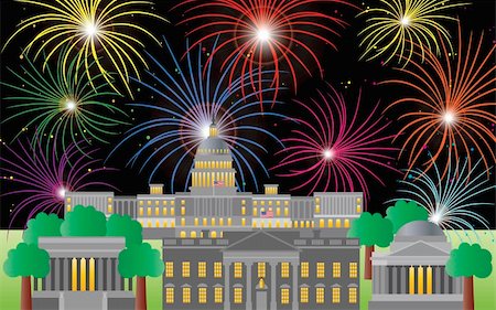 fireworks on a white background - Washington DC US Capitol Building Monument Jefferson and Lincoln Memorial with Fireworks Illustration Stock Photo - Budget Royalty-Free & Subscription, Code: 400-06102896