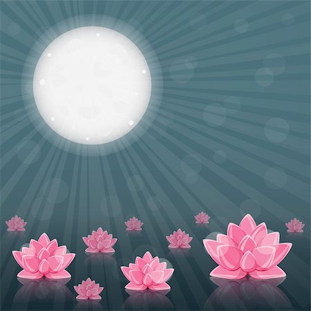 Pink Lotus Lily Flowers in Dark Water and White Moon. Vector Card Image with Place for Text Stock Photo - Budget Royalty-Free & Subscription, Code: 400-06135807