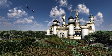 stronghold - Two Bald Eagles fly over magnificent castle surrounded by gardens. Stock Photo - Budget Royalty-Free & Subscription, Code: 400-06137873