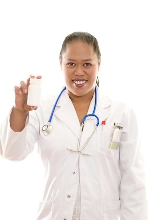simsearch:6109-06006928,k - A smiling ethnic female doctor holding a bottle of pills, pharmaceuticals, vitamins ready for your text or label Stock Photo - Budget Royalty-Free & Subscription, Code: 400-06131823