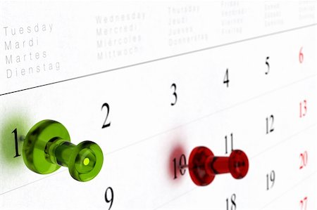 day calendar with plans - weekly calendar with green thumbtack pointed on number one, and red pushpin pointing on number ten, blur effect and perspective view Stock Photo - Budget Royalty-Free & Subscription, Code: 400-06140814