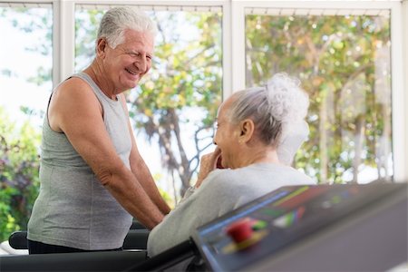 fitness grandma - Active retired people, old man and woman talking and exercising in fitness gym Stock Photo - Budget Royalty-Free & Subscription, Code: 400-06142951