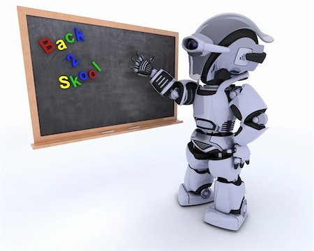 pupil in a empty classroom - 3D render of a Robot with school chalk board Stock Photo - Budget Royalty-Free & Subscription, Code: 400-06178206