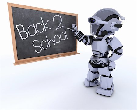 pupil in a empty classroom - 3D render of a Robot with school chalk board back to school Stock Photo - Budget Royalty-Free & Subscription, Code: 400-06178207