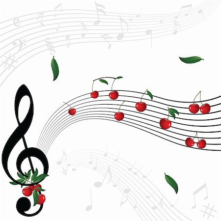 Music notes as cherry berry with floral wave pattern on white background. Vector melody, web illustration. Element for design. Stock Photo - Budget Royalty-Free & Subscription, Code: 400-06178461