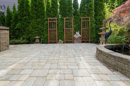 Garden Backyard Paver Patio with Pond Trellis Stone Pagoda Bronze Crane Sculptures Decoration Stock Photo - Budget Royalty-Free & Subscription, Code: 400-06178463