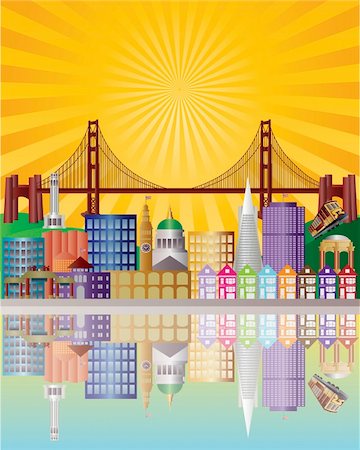 simsearch:400-05739630,k - San Francisco California City Skyline with Golden Gate Bridge with Sunrise Background Illustration Photographie de stock - Aubaine LD & Abonnement, Code: 400-06170847