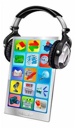 Concept illustration of a mobile phone wearing music headphones Stock Photo - Budget Royalty-Free & Subscription, Code: 400-06171320
