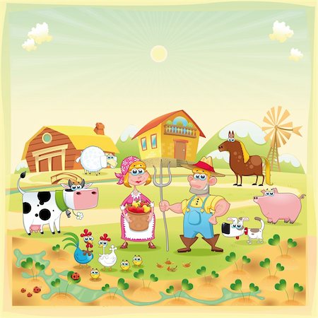 stream in garden - Farm Family. Funny cartoon and vector illustration. Stock Photo - Budget Royalty-Free & Subscription, Code: 400-06171835