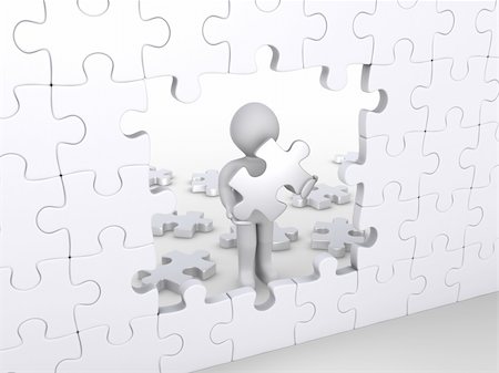 simsearch:400-06172483,k - 3d person holding puzzle piece about to complete vertical white puzzle Stock Photo - Budget Royalty-Free & Subscription, Code: 400-06172507