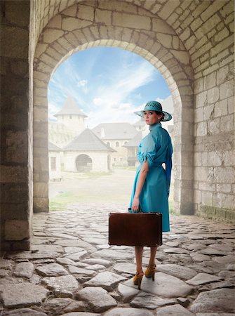 suitcase old - traveling woman in retro clothing.Collage with old castle as a background Stock Photo - Budget Royalty-Free & Subscription, Code: 400-06173283