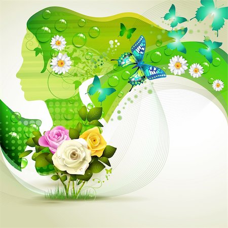 simsearch:400-06355883,k - Stylized green portrait with butterflies and flowers Stock Photo - Budget Royalty-Free & Subscription, Code: 400-06173467