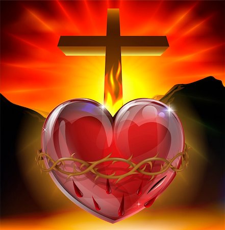 simsearch:845-02725927,k - Illustration of the Christian symbol of the sacred heart. A heart shining with divine light with crown of thorns,  lance wound and flame representing divine love. Stock Photo - Budget Royalty-Free & Subscription, Code: 400-06199599