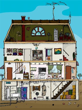 3-story old house cartoon cross section with basement Stock Photo - Budget Royalty-Free & Subscription, Code: 400-06205720