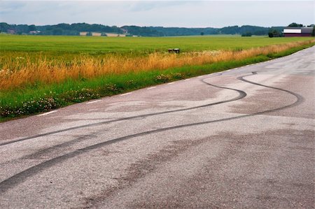 skid marks - Tire prints on asphalt road in rural landscape. Focus on prints. Stock Photo - Budget Royalty-Free & Subscription, Code: 400-06205821