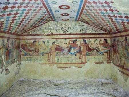 simsearch:400-04032243,k - Tarquinia, Italy, around 470 B.C. Via a narrow corridor leading downstair one has access to the rectangular burial room with a sloping ceiling Stock Photo - Budget Royalty-Free & Subscription, Code: 400-06207219