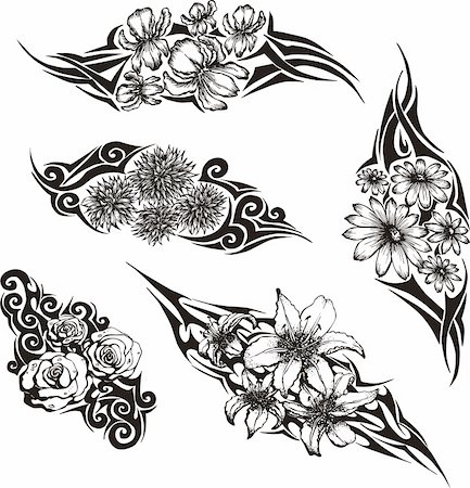 floral tattoo - Tribal Flower Tattoos. Set of black and white vector illustrations. Stock Photo - Budget Royalty-Free & Subscription, Code: 400-06200084