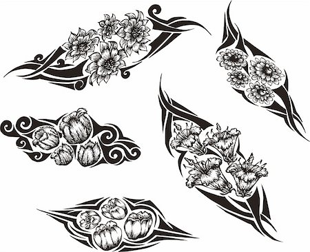 floral tattoo - Tribal Flower Tattoos. Set of black and white vector illustrations. Stock Photo - Budget Royalty-Free & Subscription, Code: 400-06200085