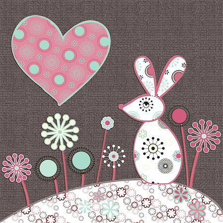 cute illustration of rabbit and heart, patchwork style in soft colors, all objects on separate layers for easy adjustments Stock Photo - Budget Royalty-Free & Subscription, Code: 400-06200197