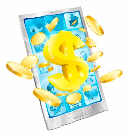 Dollar money phone concept illustration of mobile cell phone with gold dollar and coins Photographie de stock - Aubaine LD & Abonnement, Code: 400-06200482