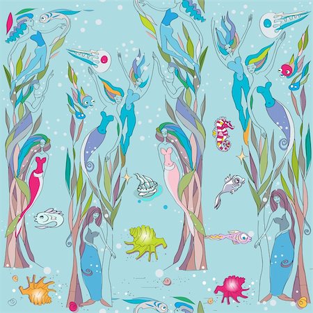 dreaming bubble cartoon - fairy tale seamless pattern with underwater forest, hand drawn composition with mermaids and fishes Stock Photo - Budget Royalty-Free & Subscription, Code: 400-06200585