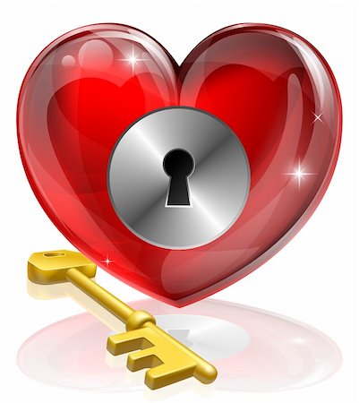 Heart lock and key concept illustration, could be symbol for finding love or repressing feelings or being guarded Stock Photo - Budget Royalty-Free & Subscription, Code: 400-06200710