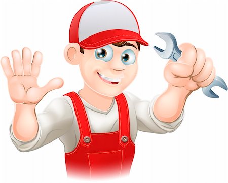 engineers hat cartoon - Illustration of a happy plumber or mechanic in his work clothes with wrench Stock Photo - Budget Royalty-Free & Subscription, Code: 400-06200856