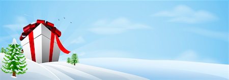 Illustration of a giant Christmas gift in winter landscape, banner background Stock Photo - Budget Royalty-Free & Subscription, Code: 400-06200960