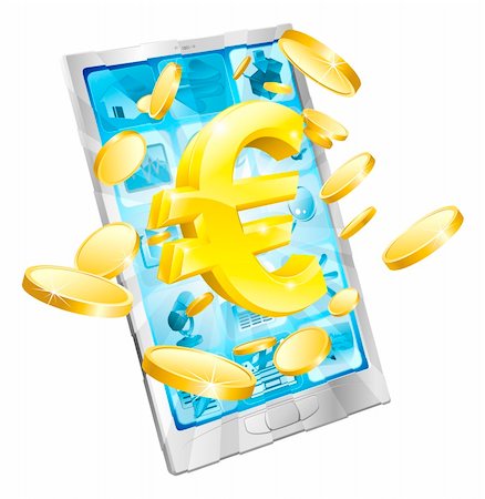 simsearch:700-05452103,k - Euro money phone concept illustration of mobile cell phone with gold Euro sign and coins Stock Photo - Budget Royalty-Free & Subscription, Code: 400-06201787