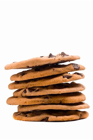 simsearch:614-06537664,k - Close-up photograph of a stack of chocolate chip cookies on a white background. Stock Photo - Budget Royalty-Free & Subscription, Code: 400-06202364