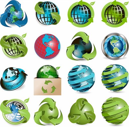 environmental business illustration - sixteen icons of the globe on white background Stock Photo - Budget Royalty-Free & Subscription, Code: 400-06326265