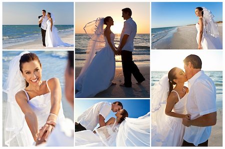 Wedding montage of a married couple, bride and groom, together at sunset on a beautiful tropical beach Stock Photo - Budget Royalty-Free & Subscription, Code: 400-06328494