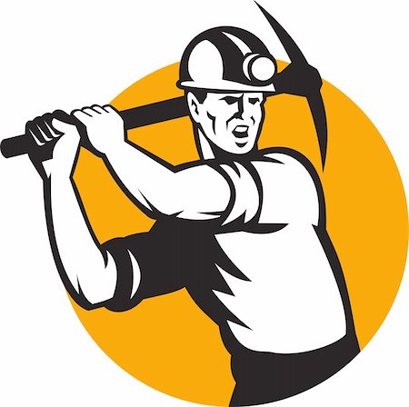 Illustration of a coal miner striking working using pick axe done in retro woodcut style set inside circle. Stock Photo - Budget Royalty-Free & Subscription, Code: 400-06330062