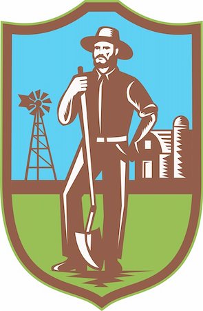 spade shovel vintage - Illustration of a farmer standing leaning on spade shovel with windmill farmhouse barn in background set inside shield done in retro woodcut style. Stock Photo - Budget Royalty-Free & Subscription, Code: 400-06330105