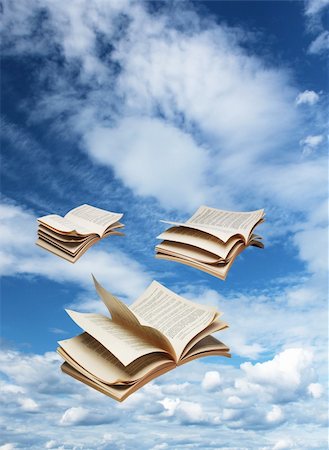 simsearch:700-00150473,k - Three open books flying on blue sky background fantasy Stock Photo - Budget Royalty-Free & Subscription, Code: 400-06330454