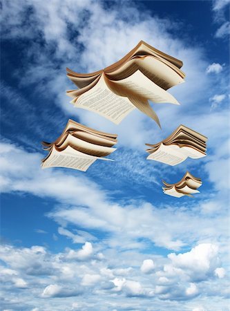 simsearch:700-00150473,k - Four open books flying above, blue sky background fantasy Stock Photo - Budget Royalty-Free & Subscription, Code: 400-06330451