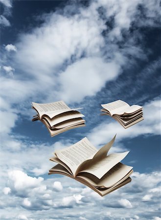 simsearch:700-00150473,k - Three open books flying on blue sky background fantasy Stock Photo - Budget Royalty-Free & Subscription, Code: 400-06330452