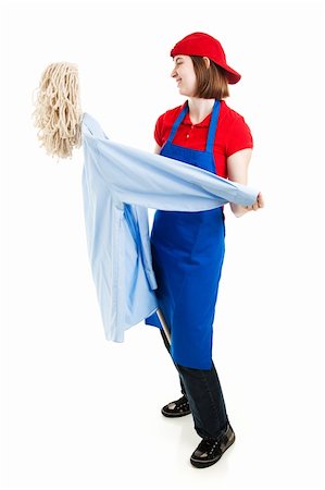 female janitor - Teenage worker dancing with a mop, pretending it's a person. Full body isolated on white. Stock Photo - Budget Royalty-Free & Subscription, Code: 400-06331716