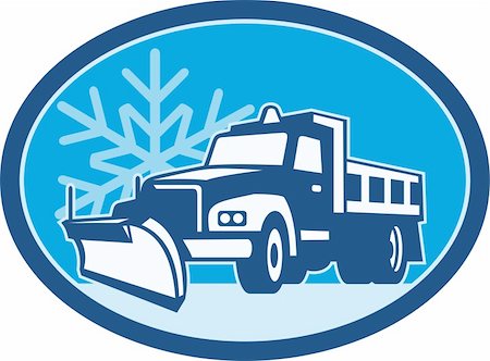 snow plow truck - Illustration of a snow plow truck plowing with winter snow flakes in background set inside circle done in retro style. Foto de stock - Super Valor sin royalties y Suscripción, Código: 400-06331945