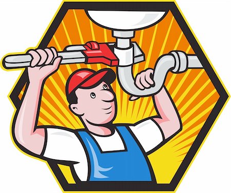 pipe wrench - Cartoon illustration of a plumber worker repairman tradesman with adjustable monkey wrench repairing bathroom sink set inside hexagon. Stock Photo - Budget Royalty-Free & Subscription, Code: 400-06331961